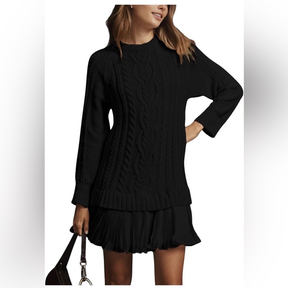 None Dresses & Skirts - 🆕Twofer Style Cable Knit Crewneck Long Sleeve Pleated Mini Dress